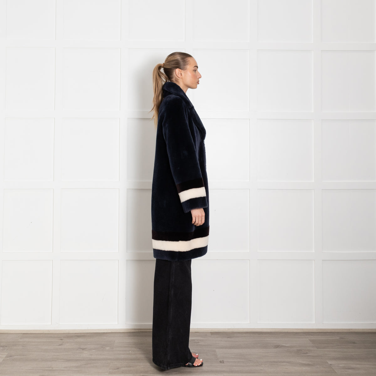 Wunder Fell Blue Shearling With White Stripe Cuff And Hem