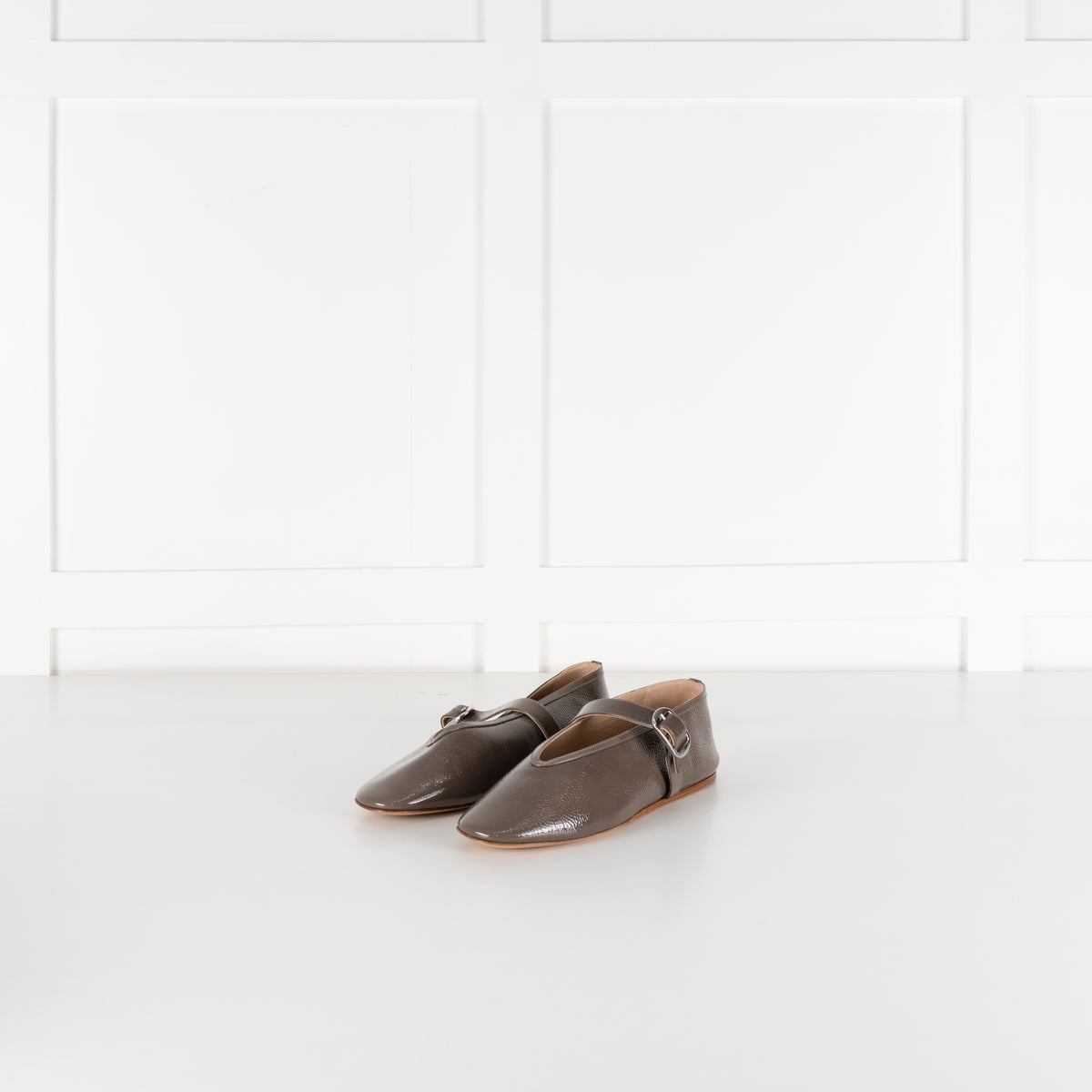 Le Monde Beryl Taupe Patent Leather Stella Slipper With Buckle Strap