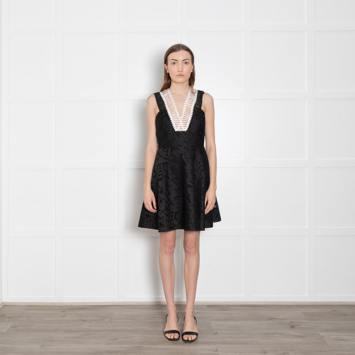 Sandro Black Jacquard White Trim Sleeveless Dress