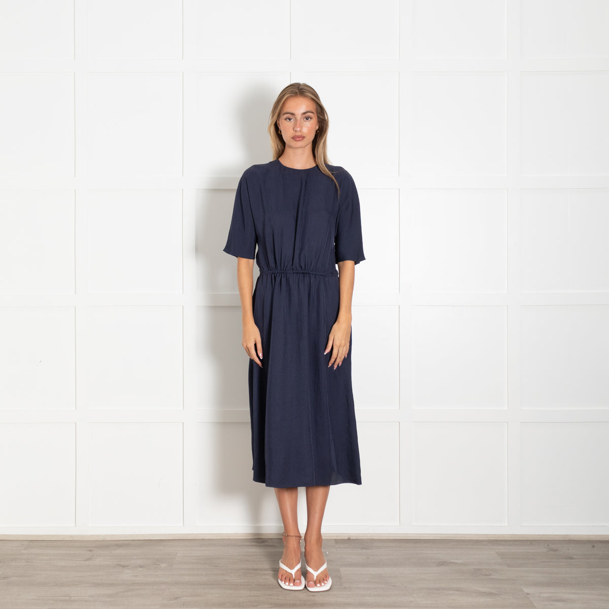 Vince Navy Drawstring Waist Dress With Round Neckline