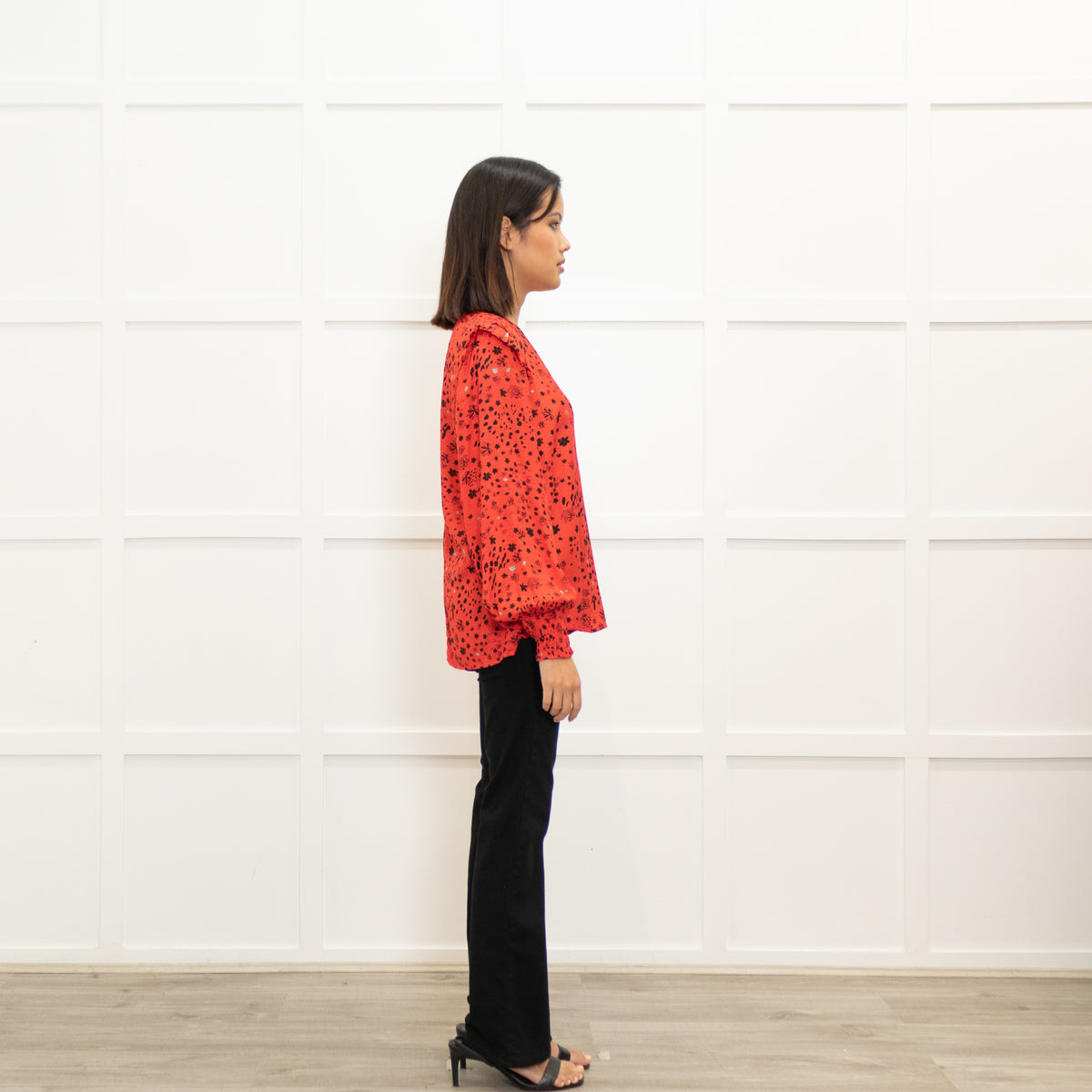 Pom Amsterdam Red Blouse With Black & Grey Pattern With Ruched  Neck & Cuffs