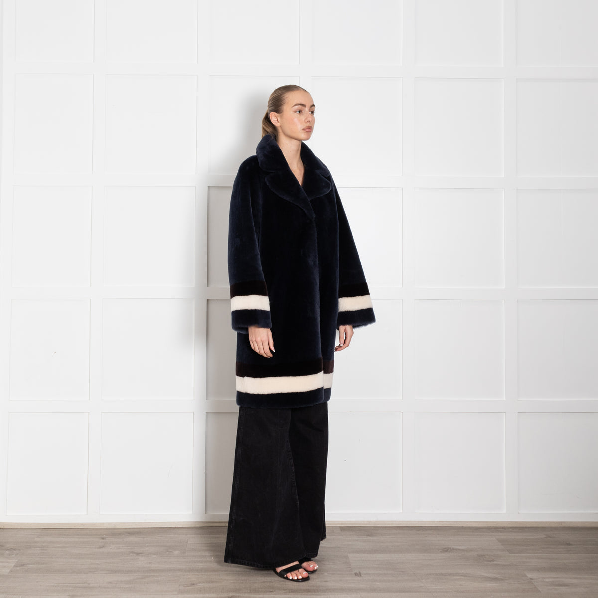 Wunder Fell Blue Shearling With White Stripe Cuff And Hem