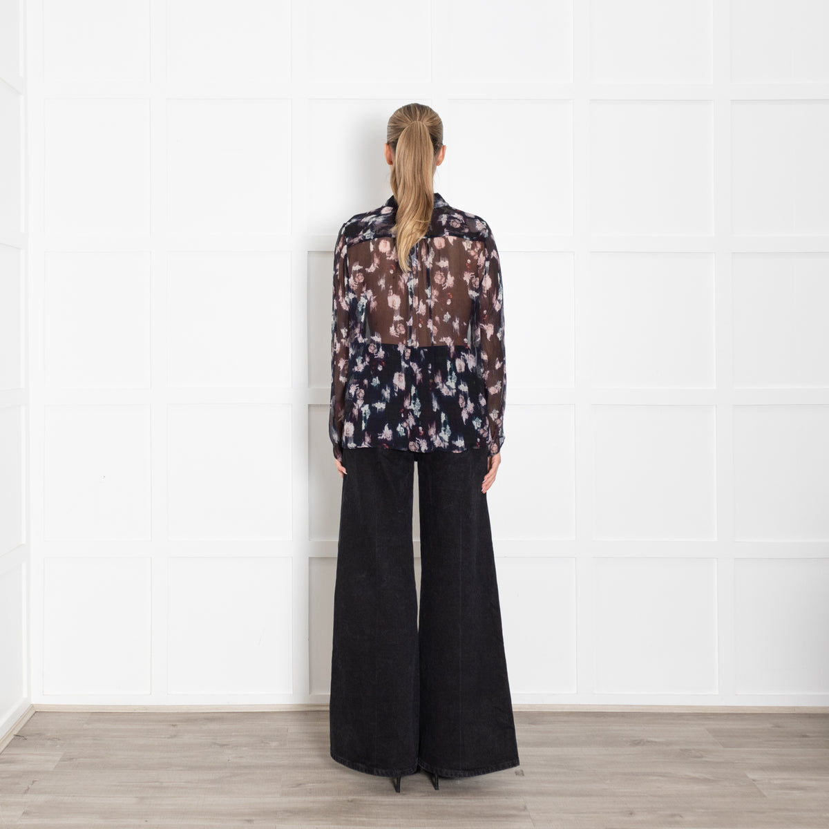 Lilly & Lionel Blue Chiffon Blouse With Pink Flowers