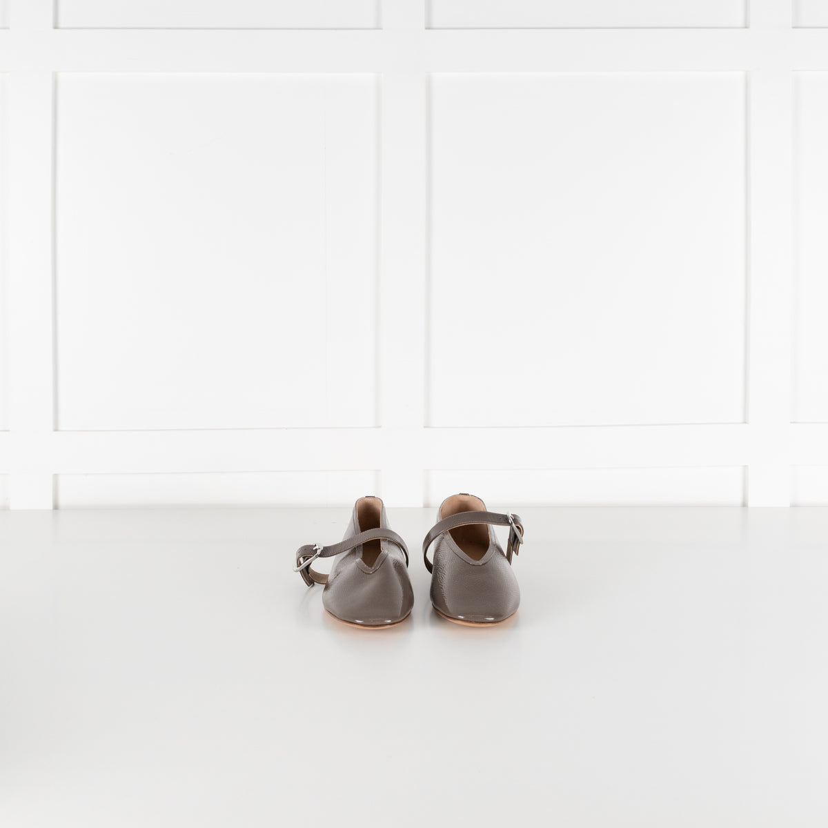 Le Monde Beryl Taupe Patent Leather Stella Slipper With Buckle Strap