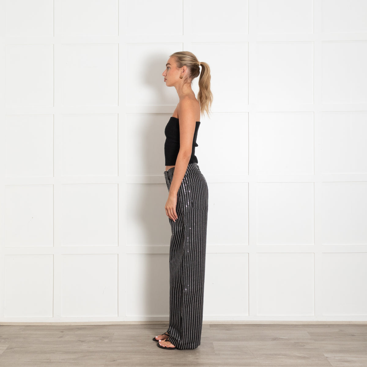 Rotate Black Sequin Twill Wide Trousers
