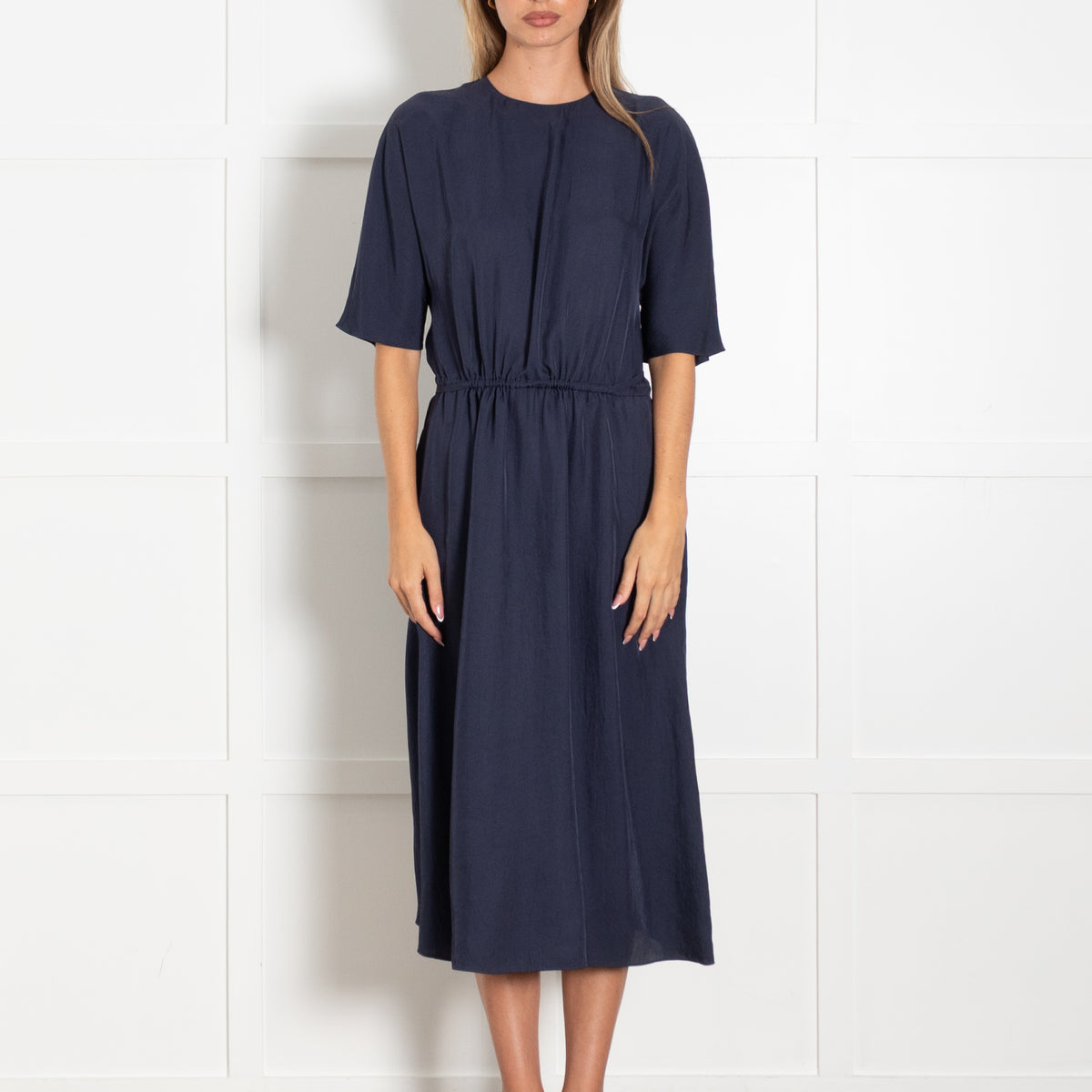 Vince Navy Drawstring Waist Dress With Round Neckline