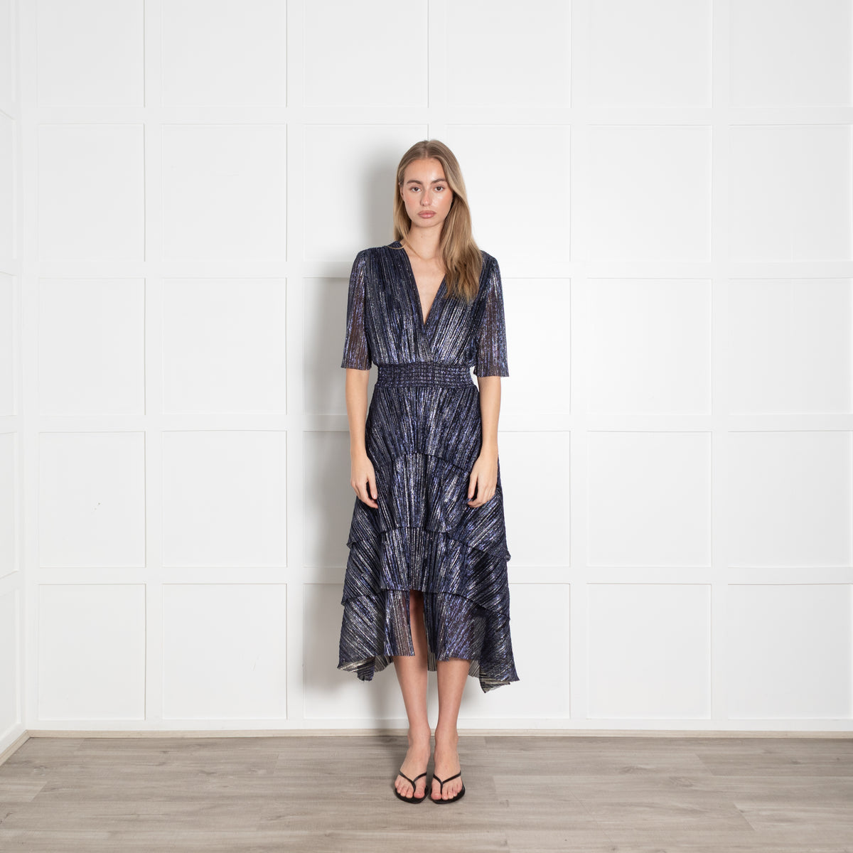 Maje Blue Metallic Stripe Ruffled Midi Dress