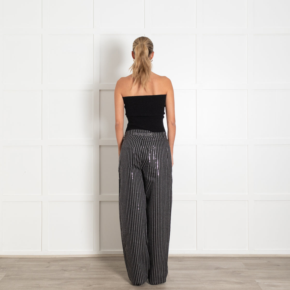 Rotate Black Sequin Twill Wide Trousers