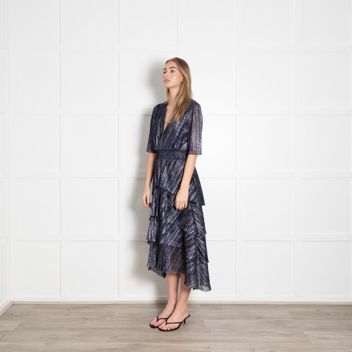 Maje Blue Metallic Stripe Ruffled Midi Dress