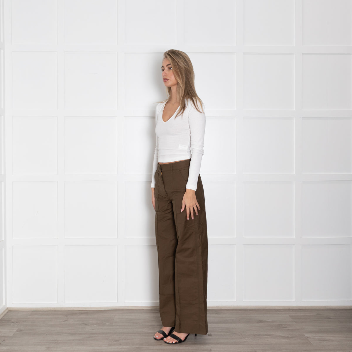 Me + Em Khaki  Creased Front Wide Leg Trousers