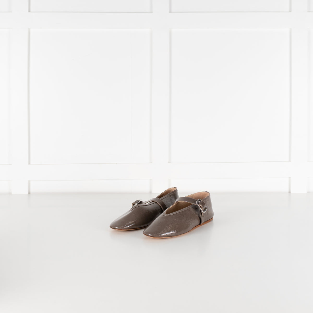 Le Monde Beryl Taupe Patent Leather Stella Slipper With Buckle Strap