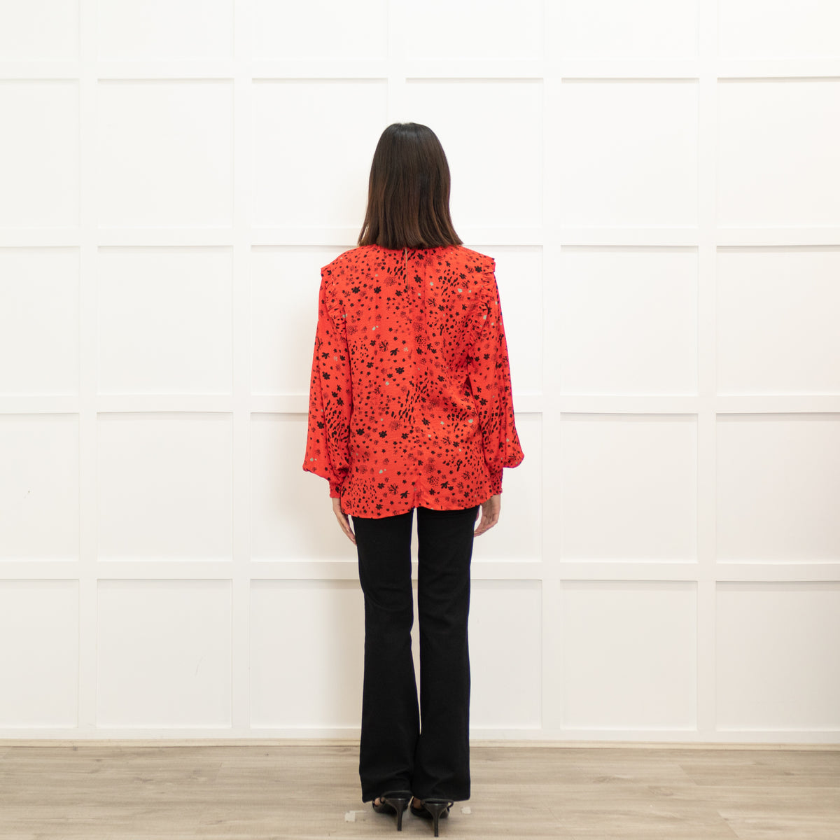 Pom Amsterdam Red Blouse With Black & Grey Pattern With Ruched  Neck & Cuffs