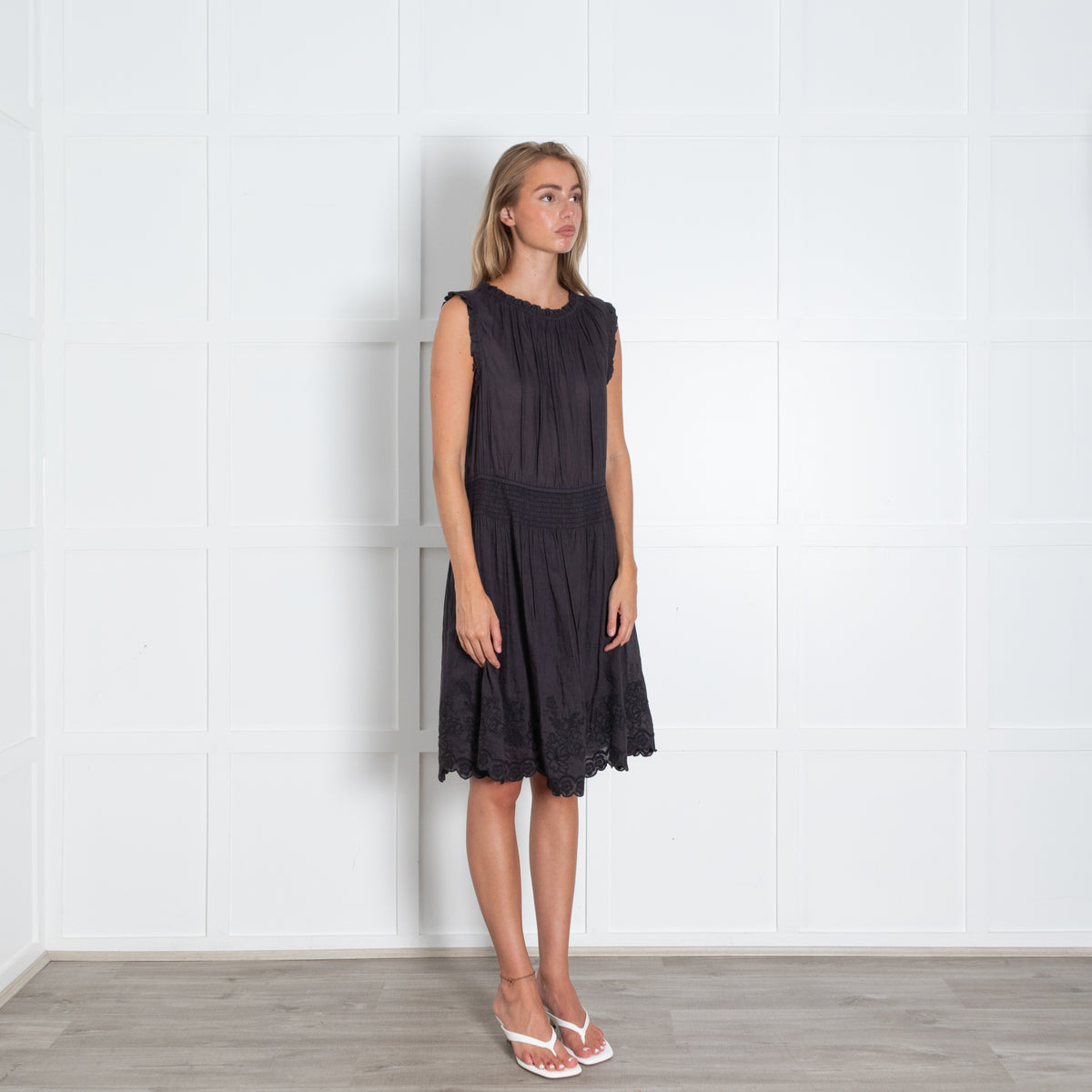 Velvet Graham & Spencer Black Sleeveless Dress Embroidered Hem