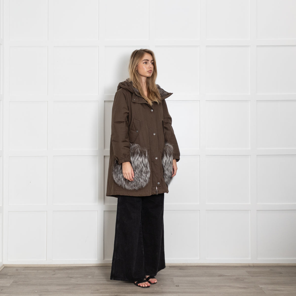 Weekend Max Mara Khaki Parka With Grey Fur Pockets