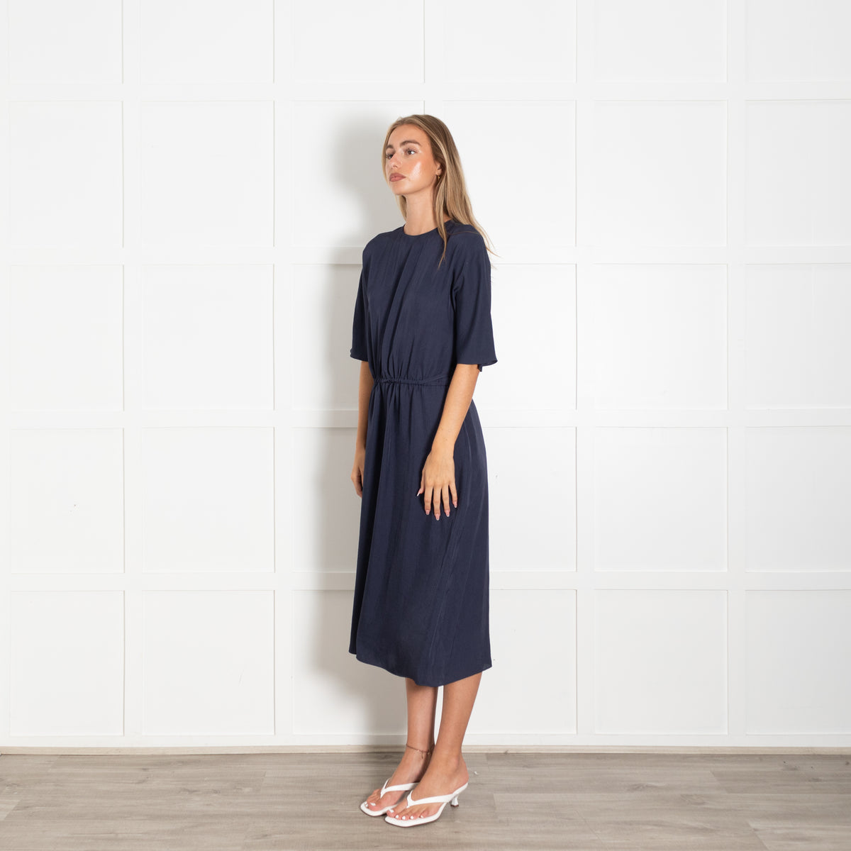 Vince Navy Drawstring Waist Dress With Round Neckline