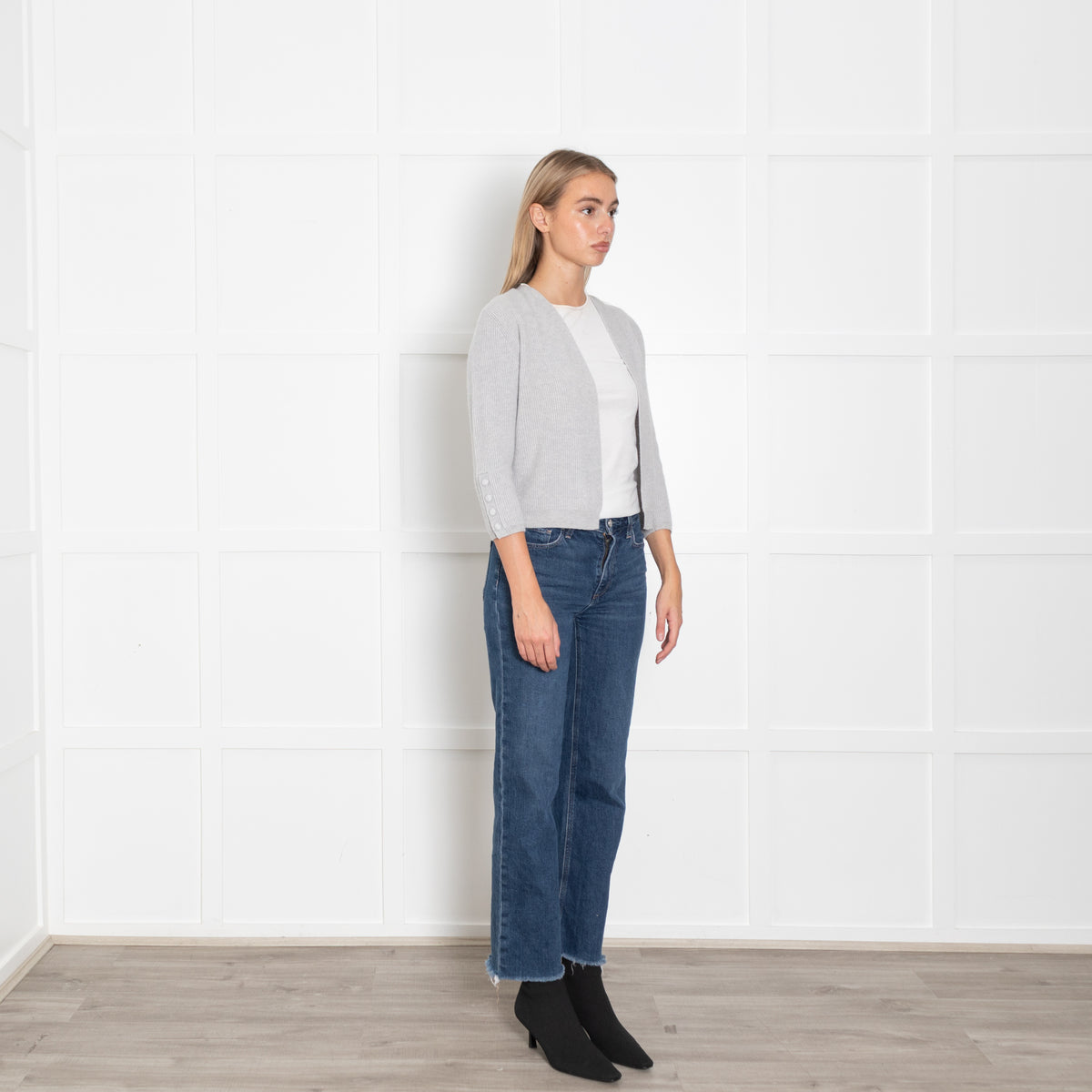 Max Mara Pale Grey Cropped Open Front Cashmere Cardigan