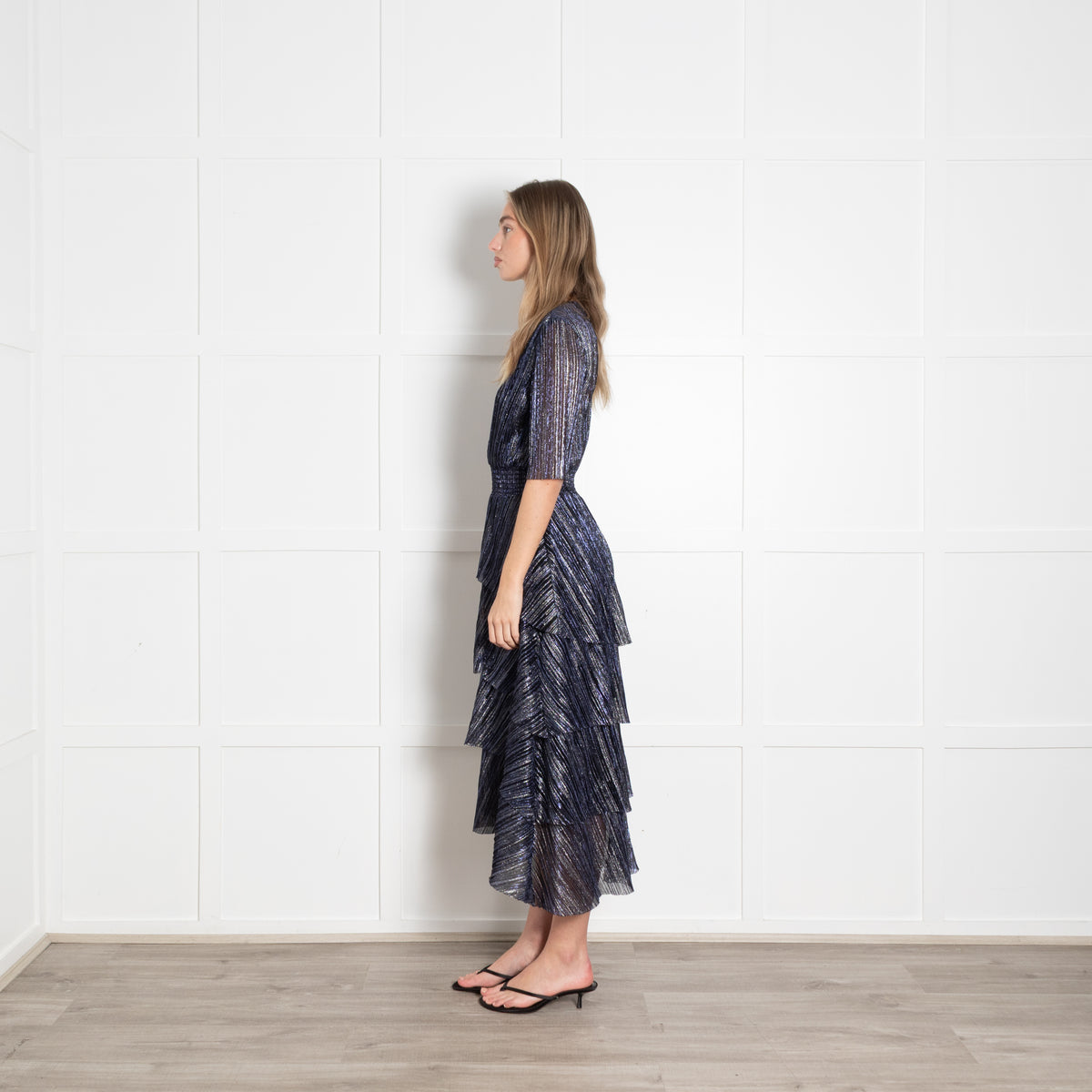Maje Blue Metallic Stripe Ruffled Midi Dress
