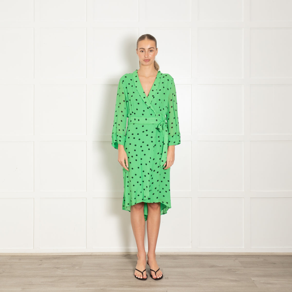 Ganni Green Black Polka Dot Wrap Dress