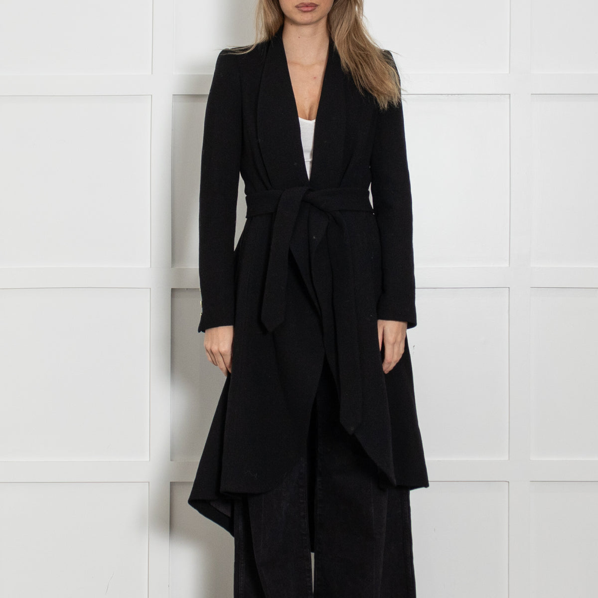Alice + Olivia Black Wool/Silk Mix Coat With Dropped Back Hem & Belt