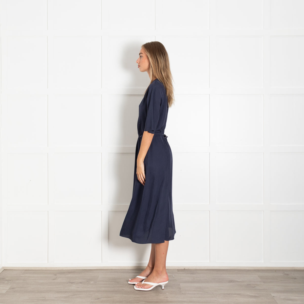 Vince Navy Drawstring Waist Dress With Round Neckline