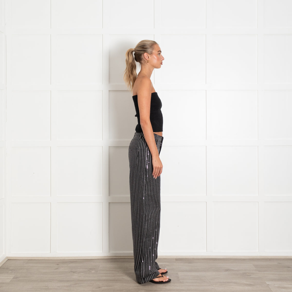 Rotate Black Sequin Twill Wide Trousers