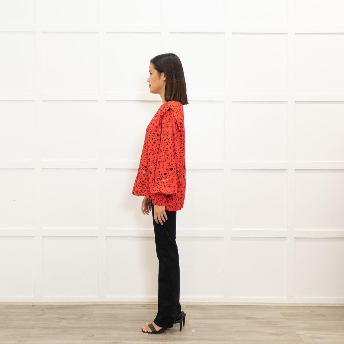 Pom Amsterdam Red Blouse With Black & Grey Pattern With Ruched  Neck & Cuffs