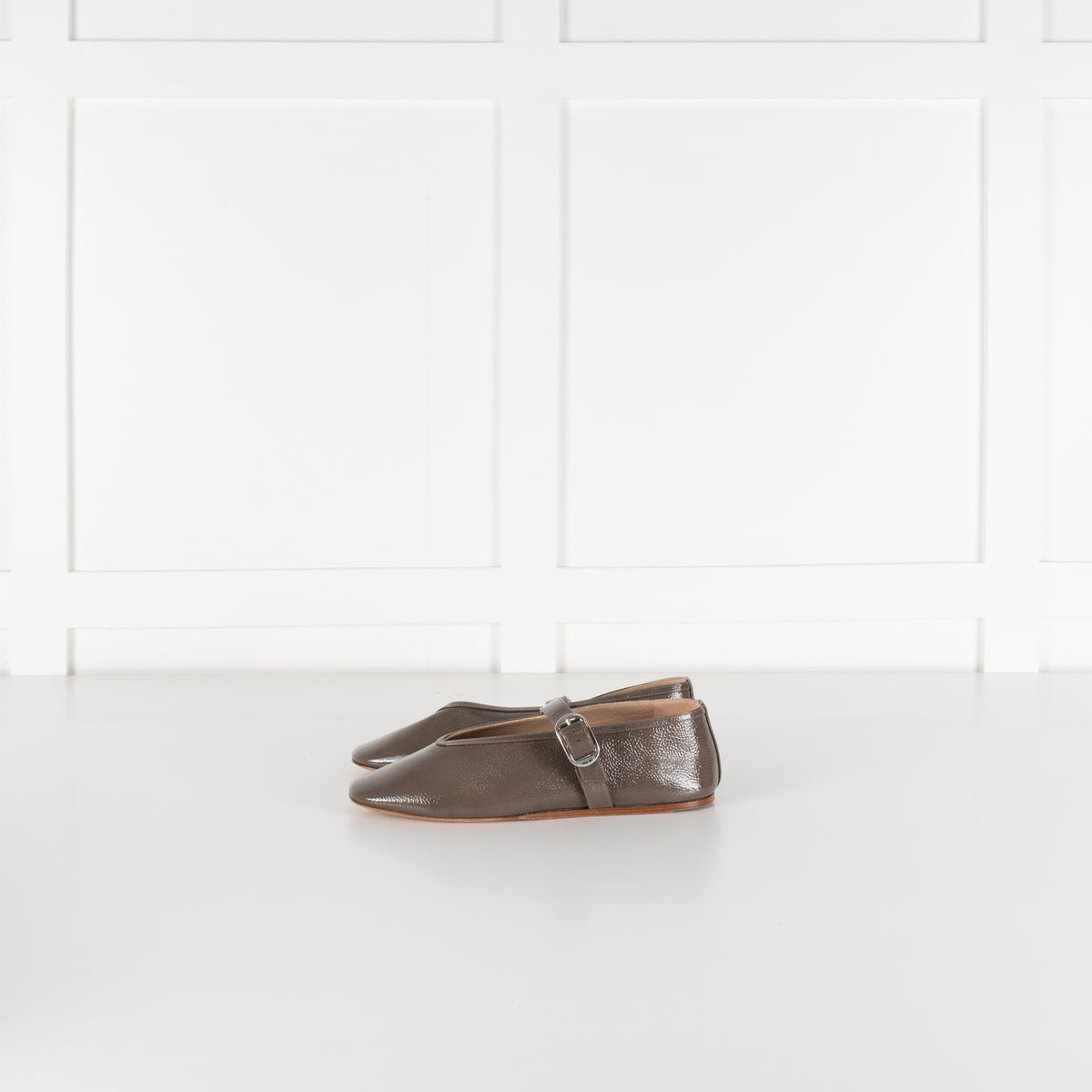 Le Monde Beryl Taupe Patent Leather Stella Slipper With Buckle Strap