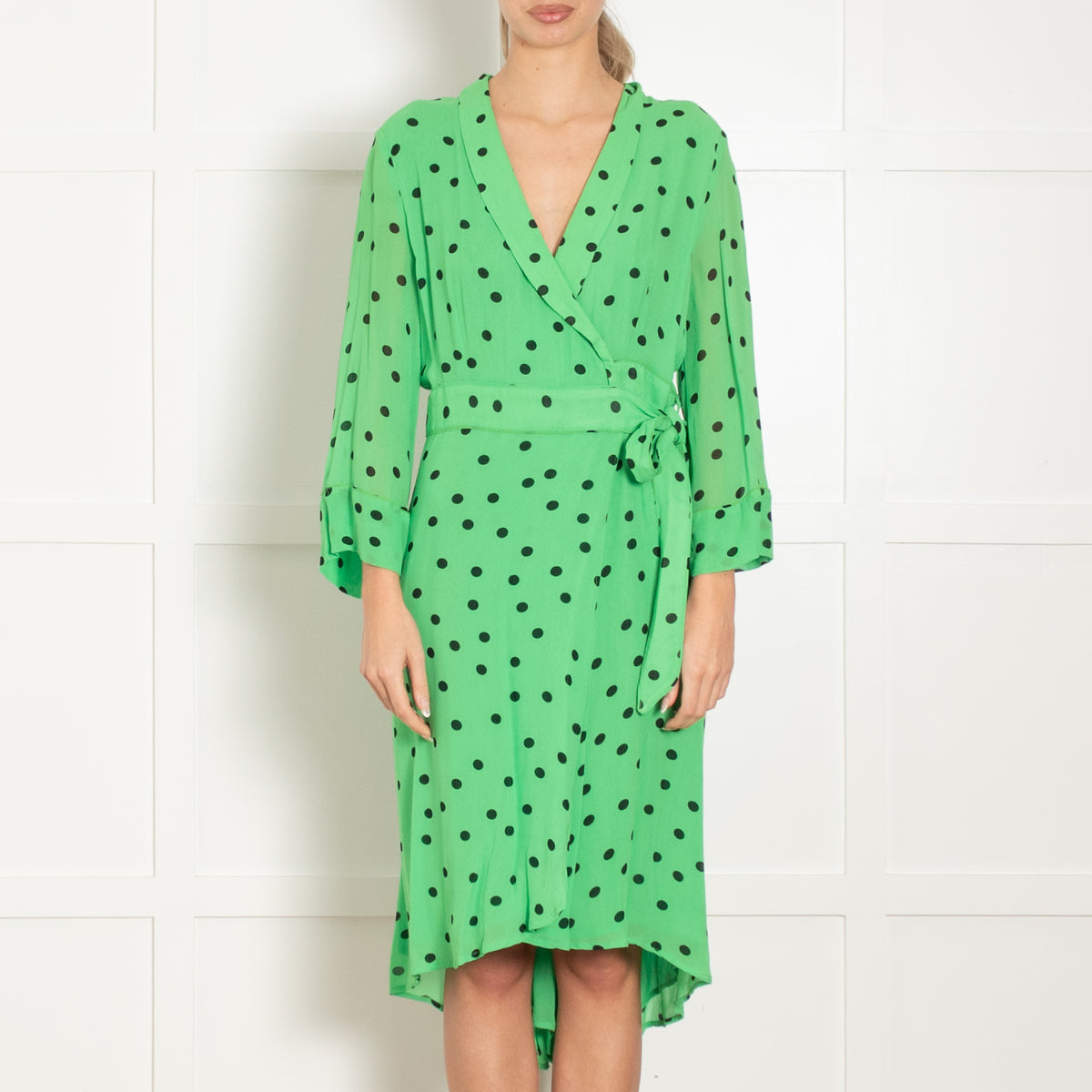 Ganni Green Black Polka Dot Wrap Dress