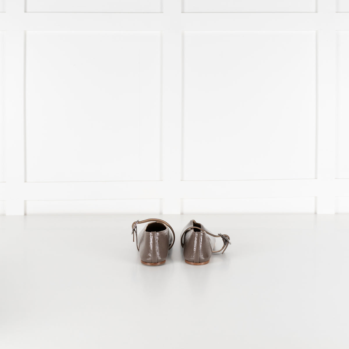 Le Monde Beryl Taupe Patent Leather Stella Slipper With Buckle Strap