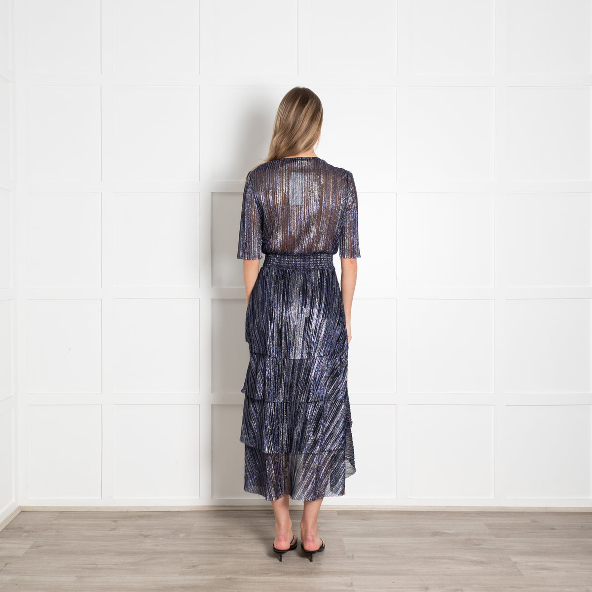 Maje Blue Metallic Stripe Ruffled Midi Dress