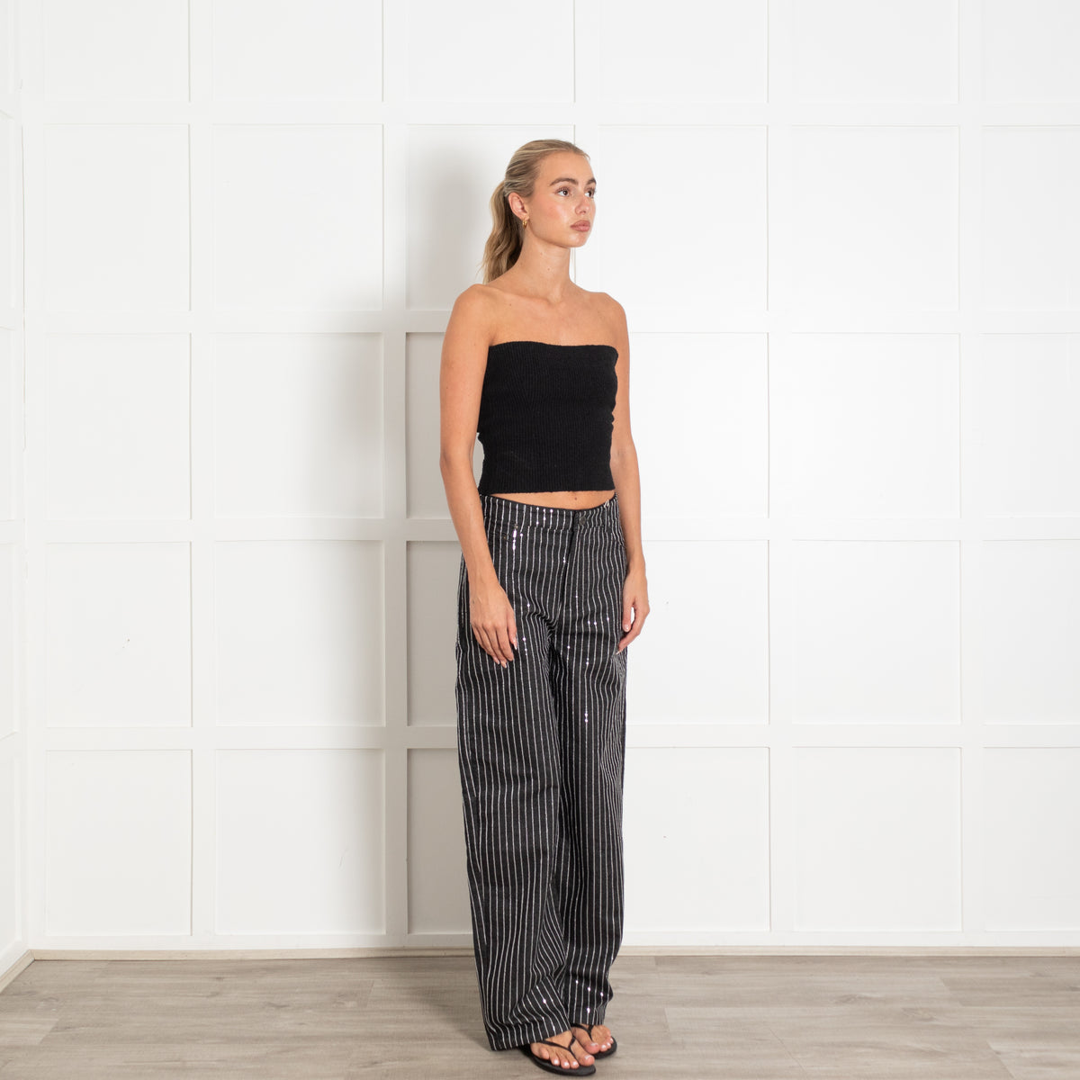 Rotate Black Sequin Twill Wide Trousers