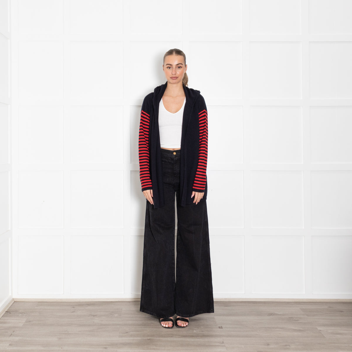 CHINTI & PARKER Navy Blue Cashmere Cardigan With Hood And Red Striped Sleeve