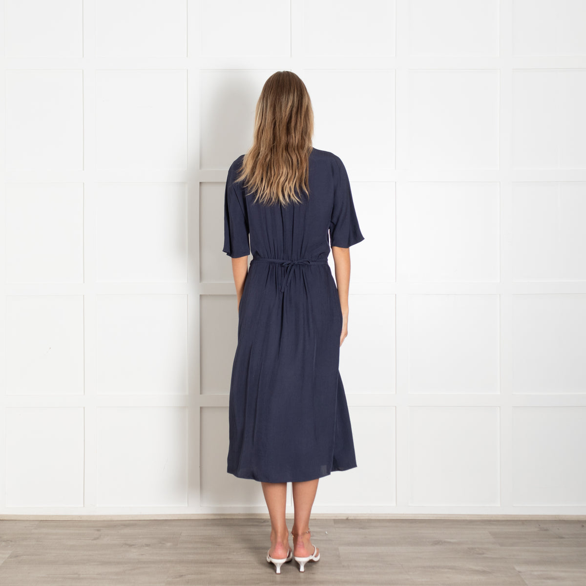 Vince Navy Drawstring Waist Dress With Round Neckline