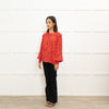 Pom Amsterdam Red Blouse With Black & Grey Pattern With Ruched  Neck & Cuffs