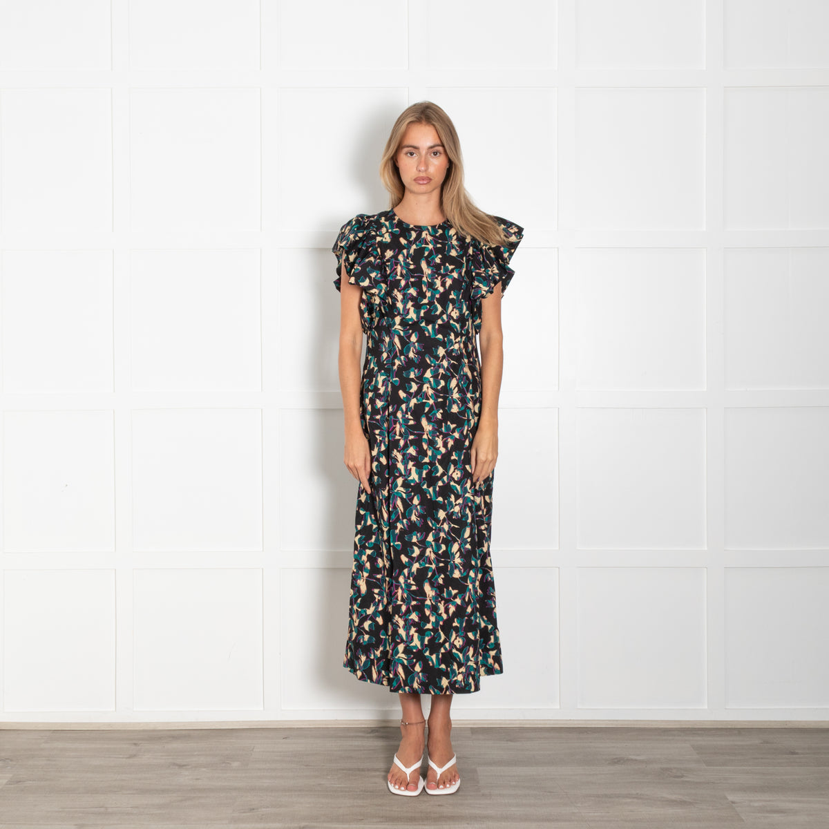 Ulla Johnson Black Beige Teal Floral Frill Trim Maxi Dress