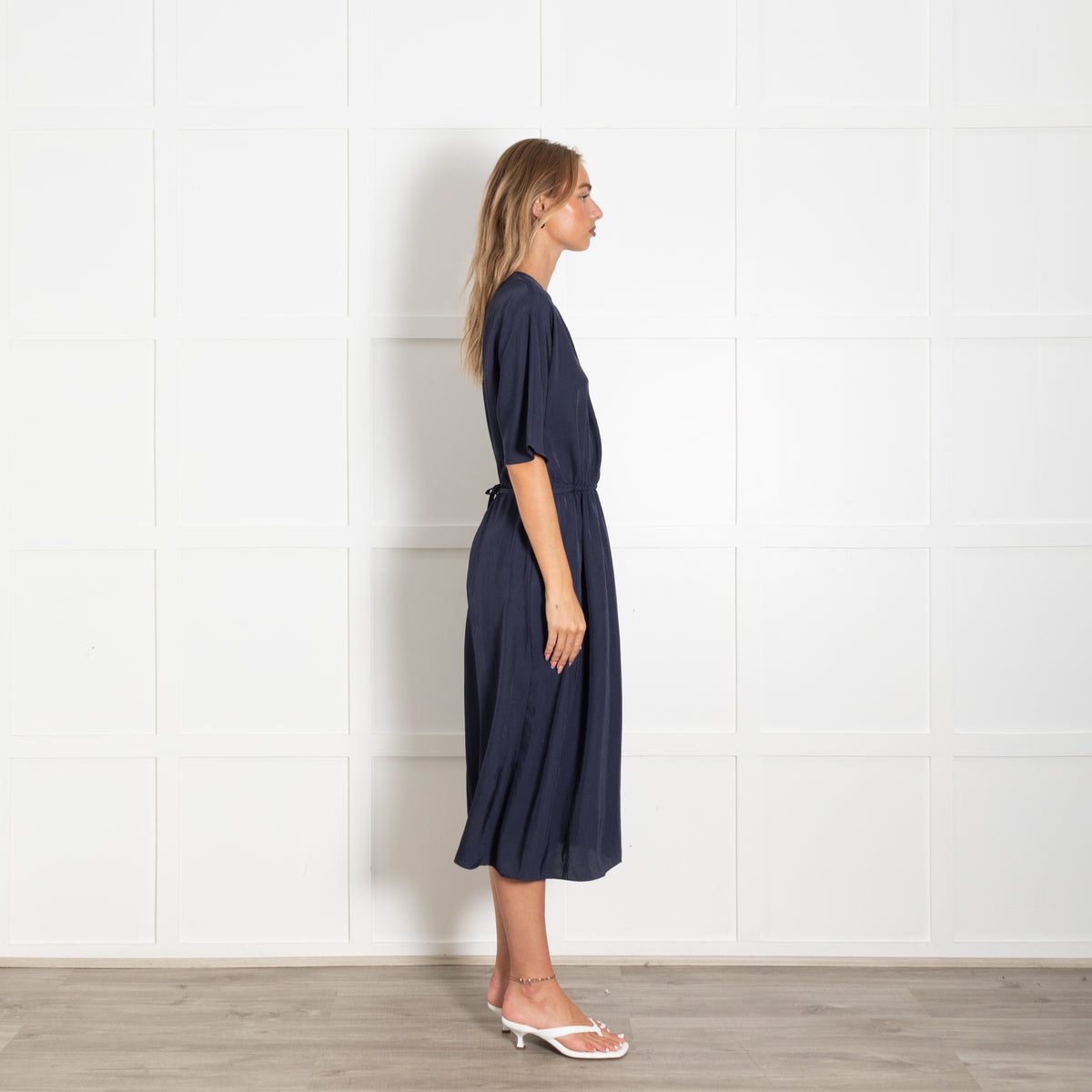 Vince Navy Drawstring Waist Dress With Round Neckline