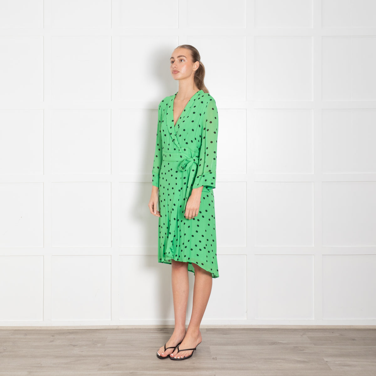 Ganni Green Black Polka Dot Wrap Dress