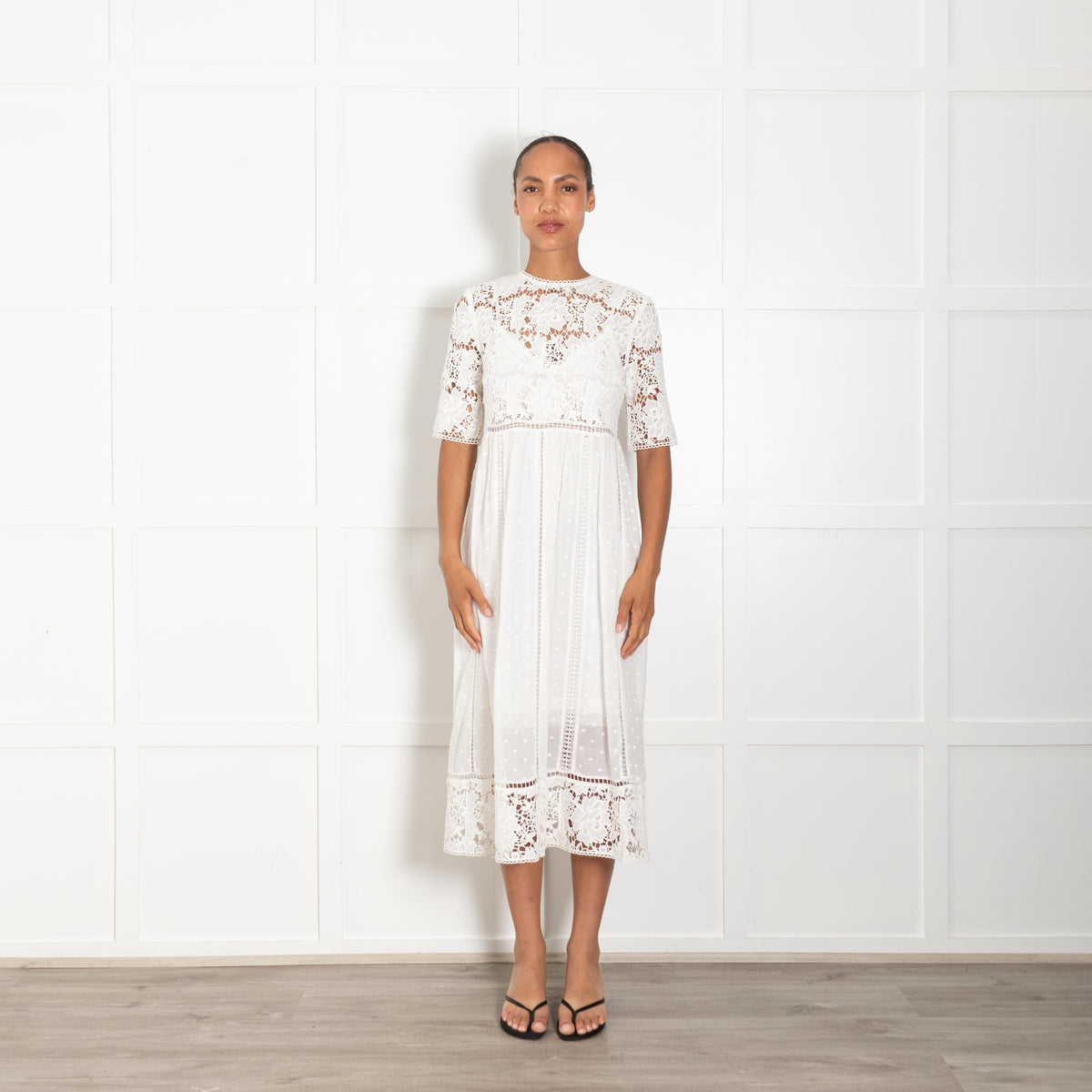 Zimmerman White Lace Cotton Midi Dress