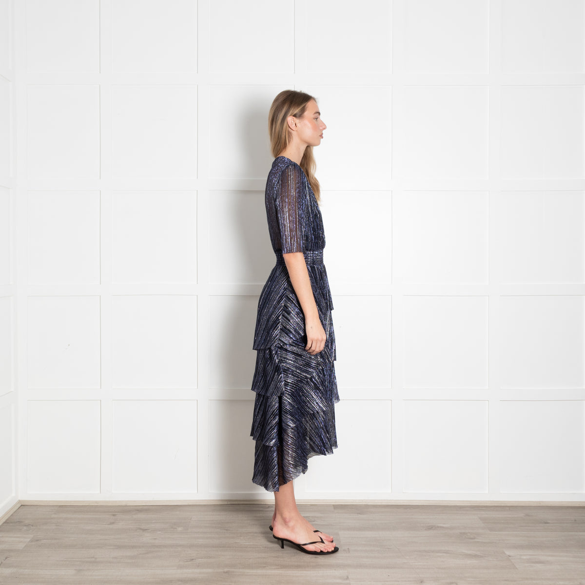 Maje Blue Metallic Stripe Ruffled Midi Dress