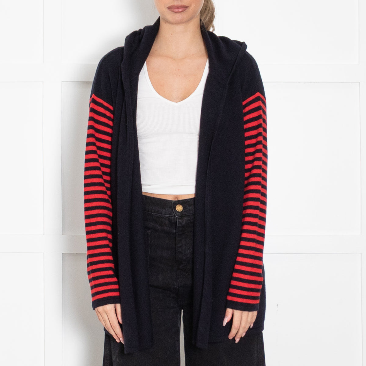 CHINTI & PARKER Navy Blue Cashmere Cardigan With Hood And Red Striped Sleeve