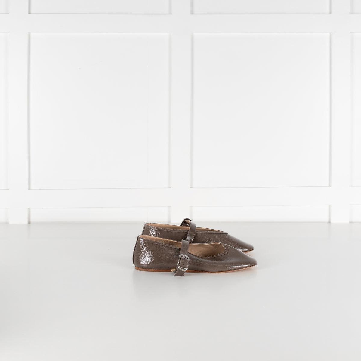 Le Monde Beryl Taupe Patent Leather Stella Slipper With Buckle Strap