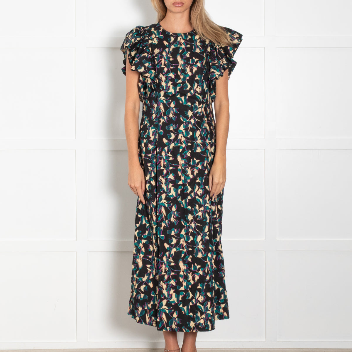 Ulla Johnson Black Beige Teal Floral Frill Trim Maxi Dress