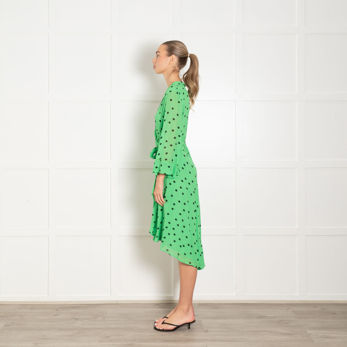 Ganni Green Black Polka Dot Wrap Dress