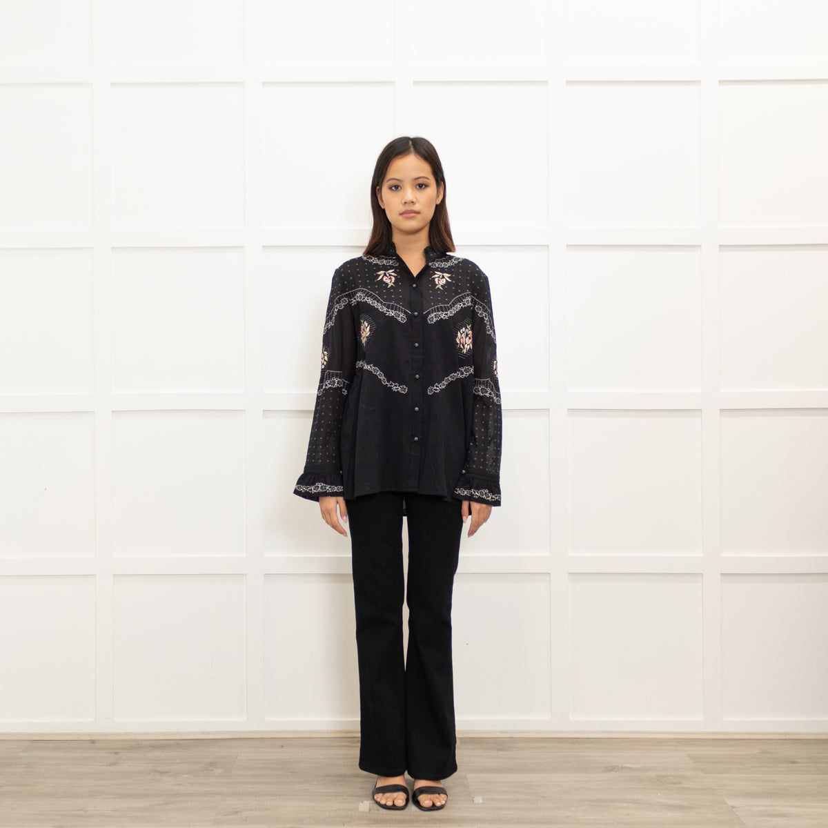 Vilshenko Black Cotton High Neck Blouse with Floral Embroidery