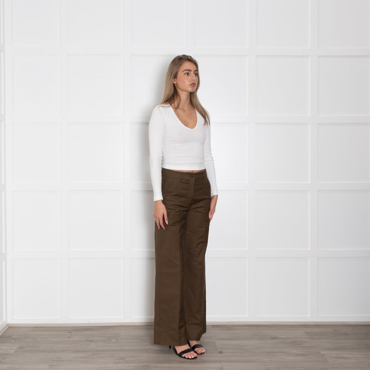 Me + Em Khaki  Creased Front Wide Leg Trousers