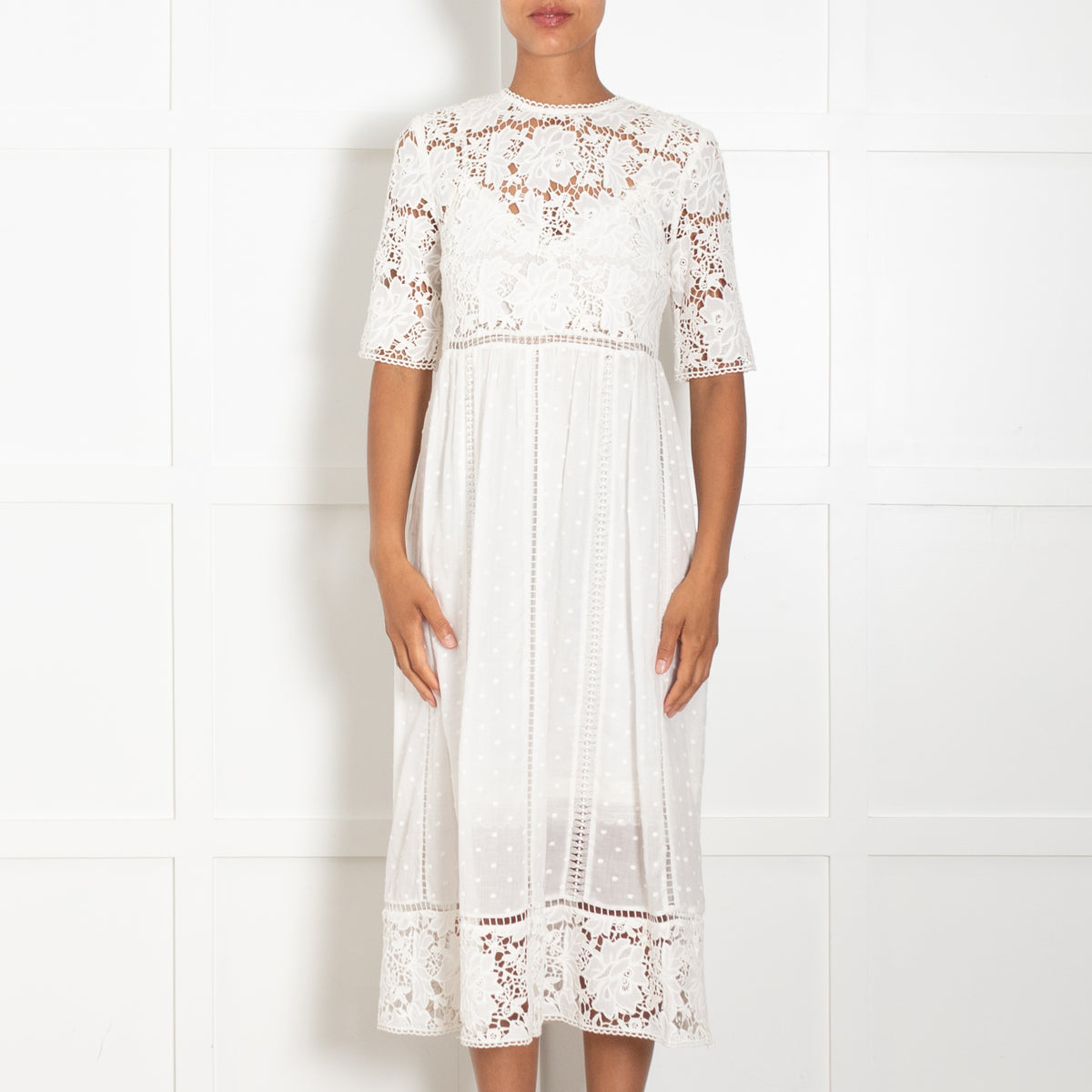 Zimmerman White Lace Cotton Midi Dress