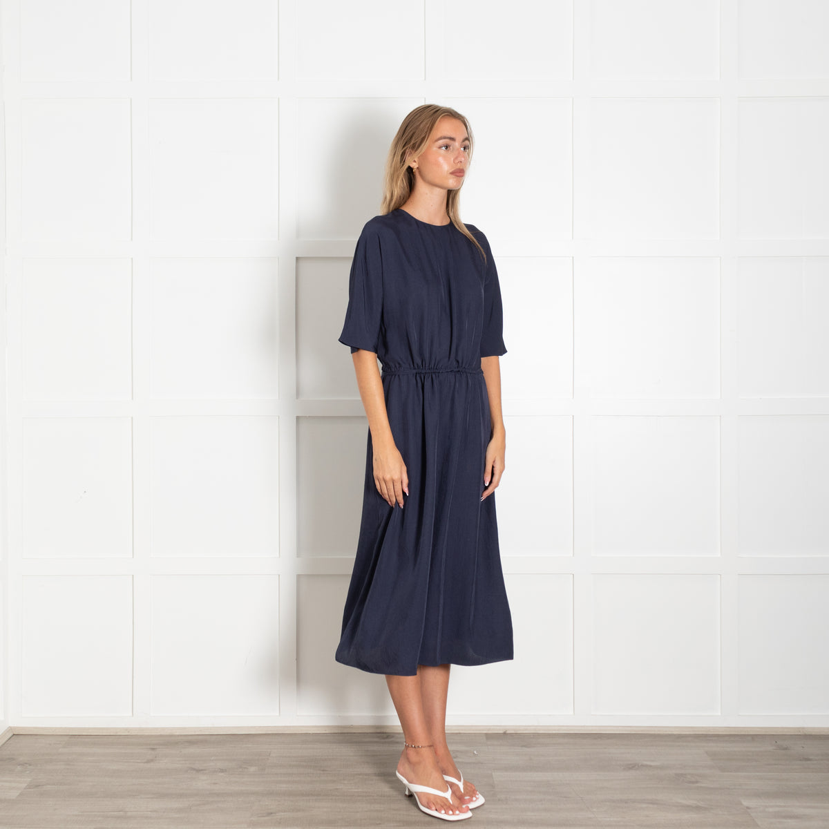 Vince Navy Drawstring Waist Dress With Round Neckline