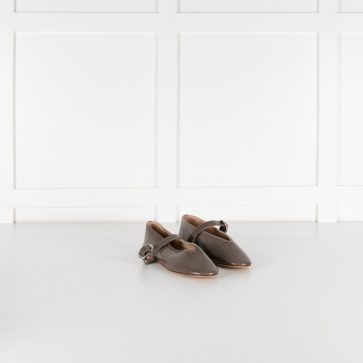 Le Monde Beryl Taupe Patent Leather Stella Slipper With Buckle Strap
