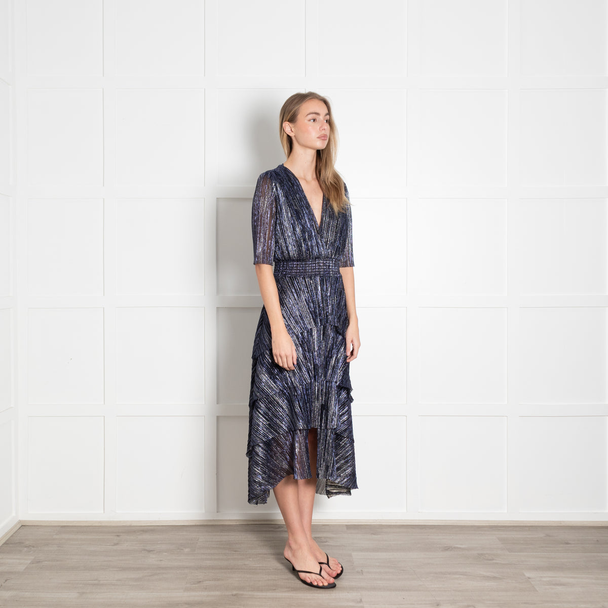 Maje Blue Metallic Stripe Ruffled Midi Dress