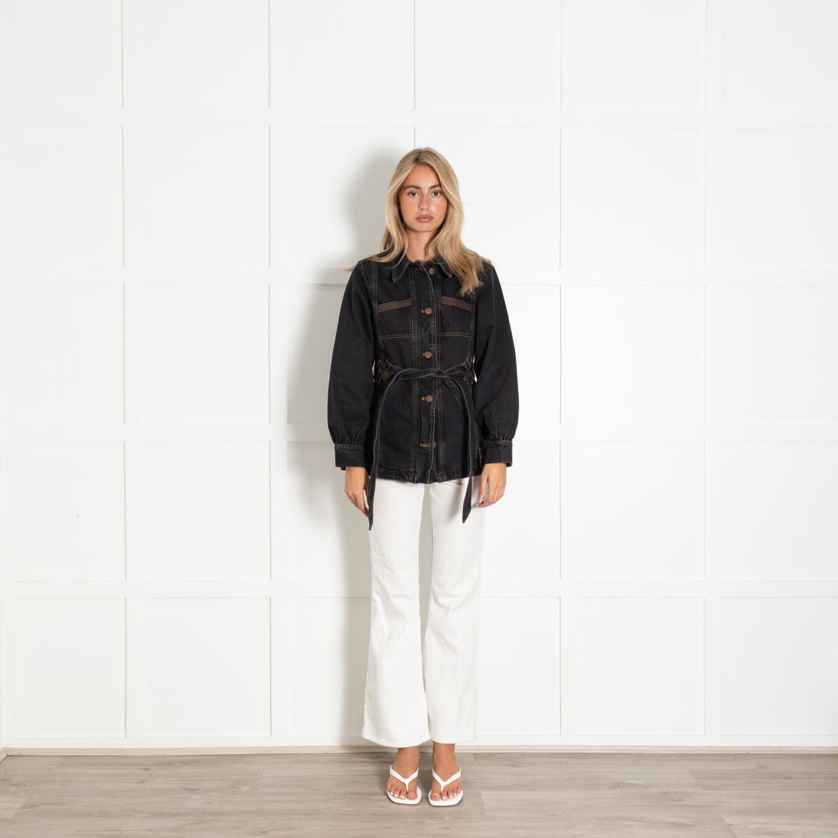 Seventy & Mochi Black Denim Belted Utility Jacket With Chest Patches